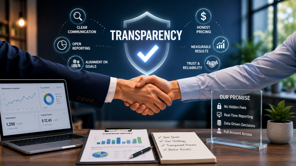 business owner reviewing marketing agency report — transparency in marketing