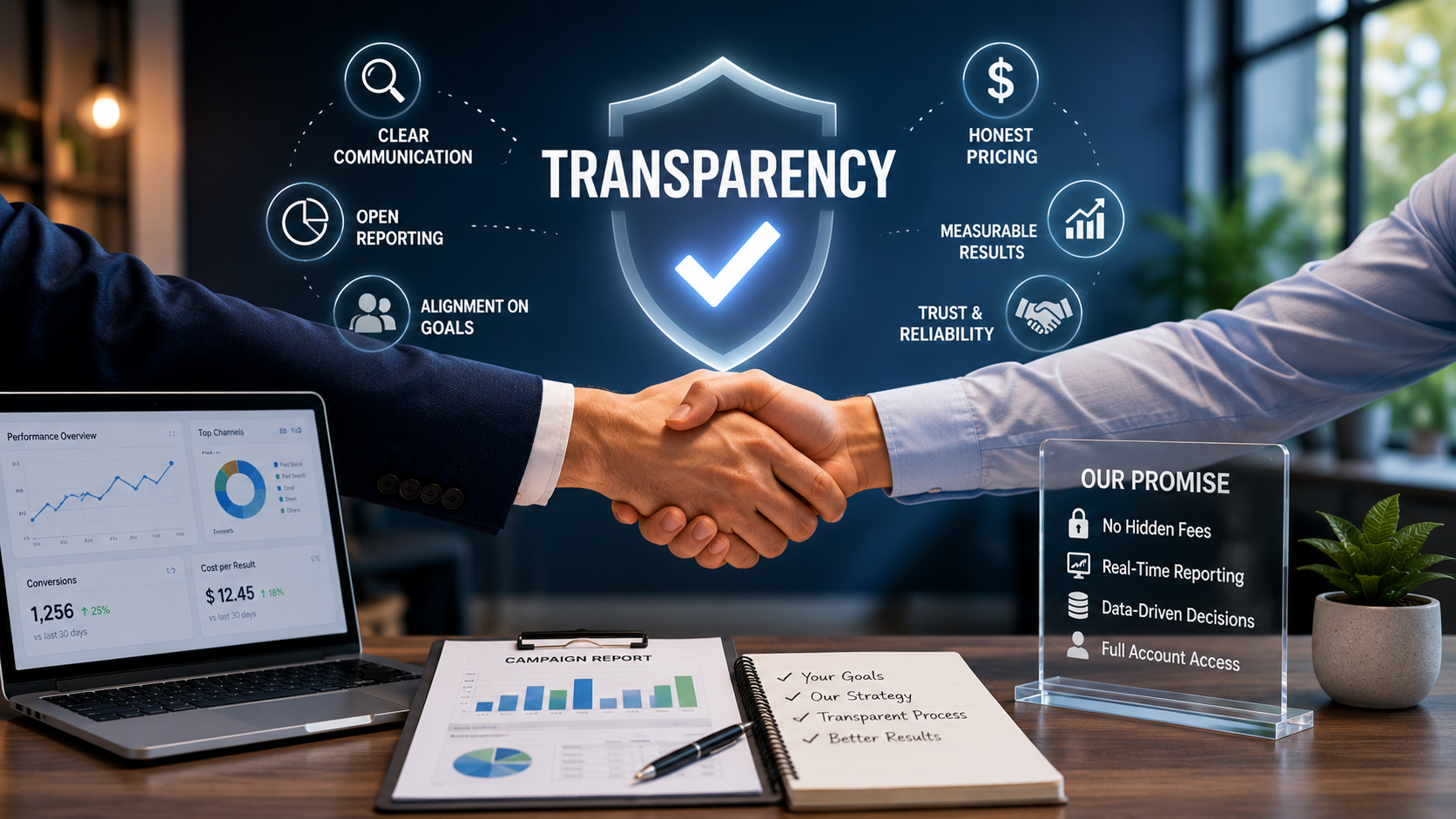 business owner reviewing marketing agency report — transparency in marketing