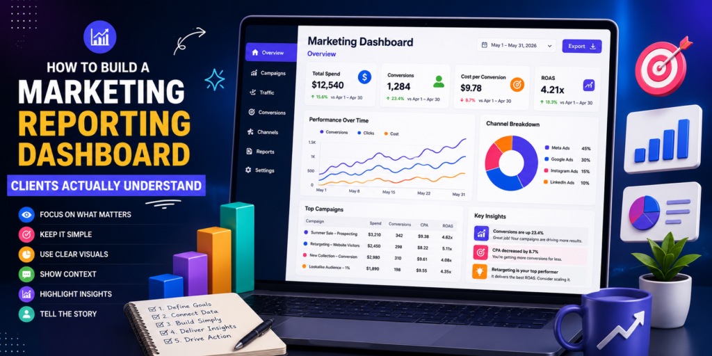 marketing reporting dashboard showing ROAS and revenue metrics for ecommerce client
