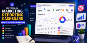 marketing reporting dashboard showing ROAS and revenue metrics for ecommerce client