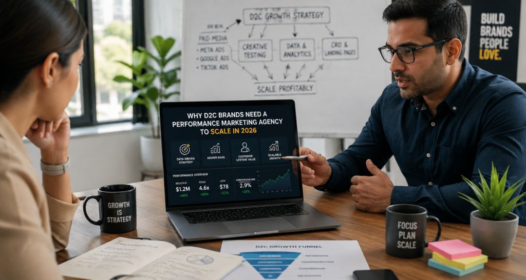 D2C brand founder reviewing growth dashboard with performance marketing agency