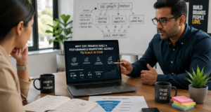 D2C brand founder reviewing growth dashboard with performance marketing agency