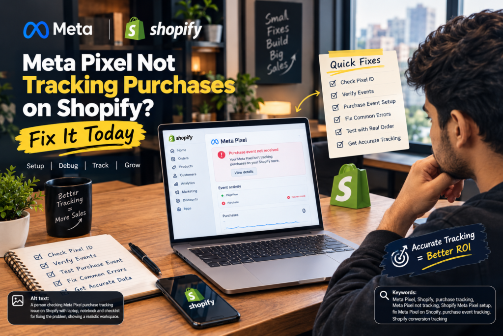 A digital marketer troubleshooting Meta Pixel not tracking purchases on Shopify, with a laptop displaying a purchase event tracking error and a checklist for fixing Shopify conversion tracking.