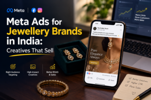 Meta Ads for Jewellery Brands in India showcasing luxury gold jewellery, Facebook and Instagram advertising creatives, targeted marketing campaigns, and strategies to increase jewellery brand sales and ROAS.