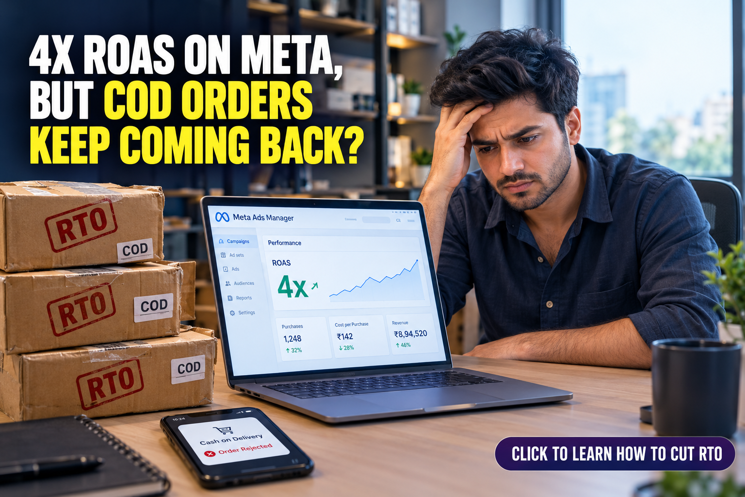 ndian D2C ecommerce founder stressed about returning COD orders despite 4x ROAS on Meta Ads, with RTO-stamped parcels, a rejected-order notification on a smartphone, and an advertising performance dashboard on a laptop.